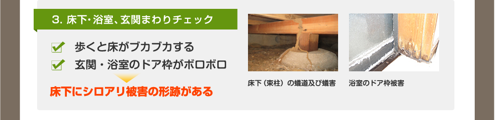 3. 床下・浴室、玄関まわりチェック 歩くと床がブカブカする 玄関・浴室のドア枠がボロボロ 床下にシロアリ被害の形跡がある