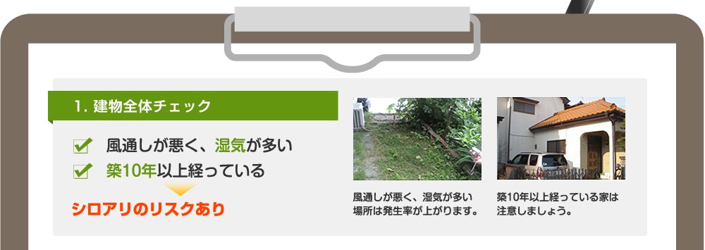 1. 建物全体チェック 風通しが悪く、湿気が多い 築10年以上経っている シロアリのリスクあり