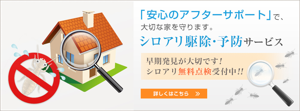 「安心のアフターサポート」で、大切な家を守ります。シロアリ駆除・予防サービス早期発見が大切です！シロアリ無料点検受付中!!